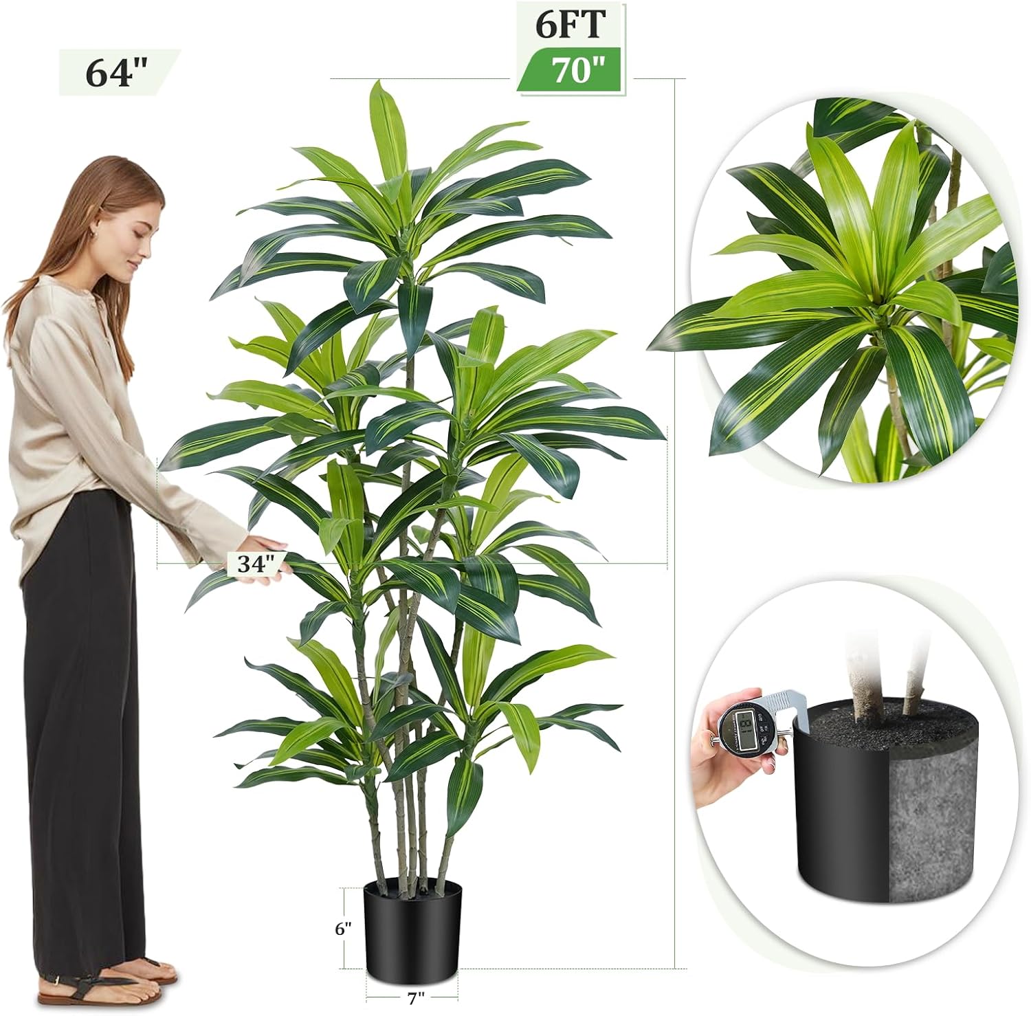Dracaena Artificial Tree 180 cm Artificial Plants Dracaena Artificial Plants Large with Black Planter Artificial Plants Like Real for Indoor Home Living Room Decoration Bedroom Office (Pack of – Bild 5