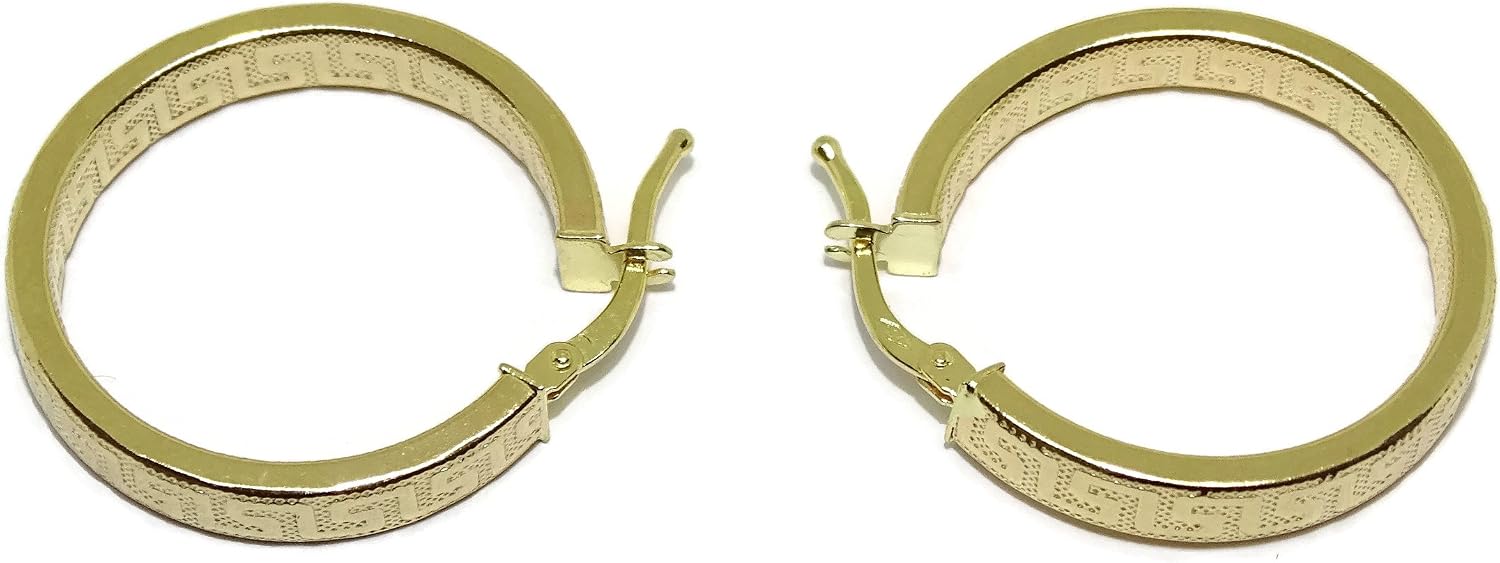 18k Yellow Gold Greek Pattern Square Tube Hoop Earrings 4mm and 2.2cm OD Easy Click Back 2.00g Gold – Bild 4
