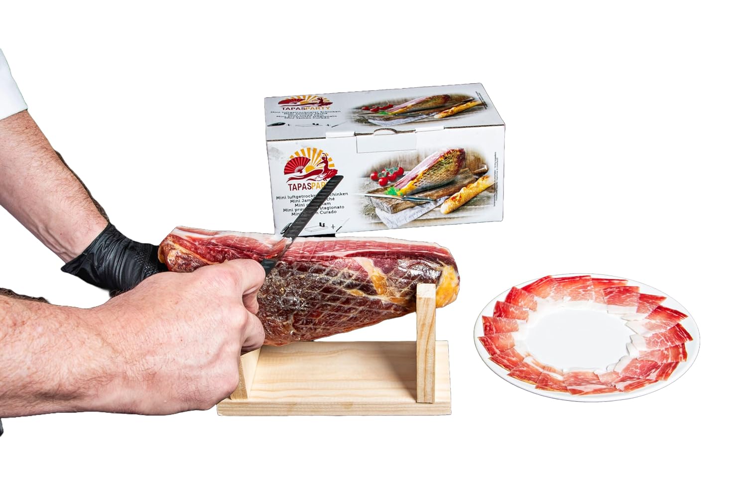 Spanish Tapas Party Deluxe Set | Mini Serrano Ham (1 kg) with Stand & Knife + Chorizo, Lomo, Fuet | Gourmet Gift Basket & Delicatessen from Spain – Bild 4
