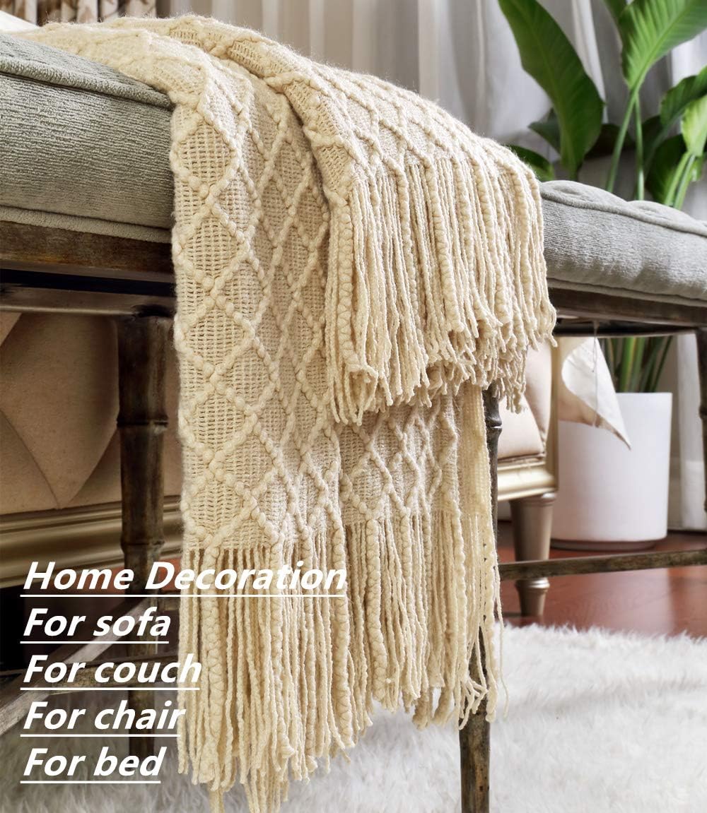 CREVENT Home Decor Rustic Throw for Couch Sofa Chair Bed Soft Warm Cozy Lightweight for Spring Summer Travel (50 x 60 inch, Beige/Ivory) – Bild 4