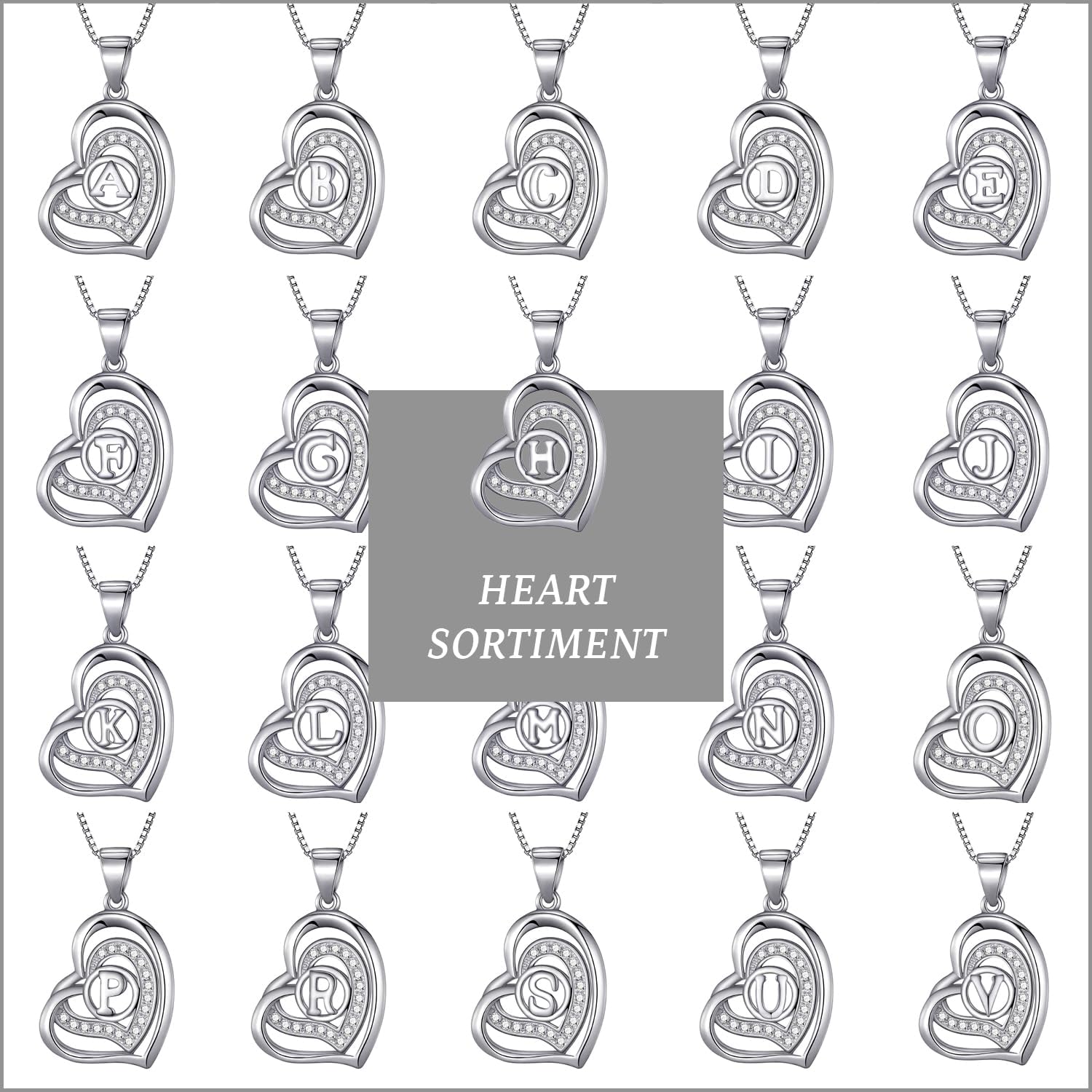 Morella® Ladies’ Necklace Heart with a letter, 925 Sterling, Rhodium-Plated Silver, with Zirconia stone, White, 46 cm – Bild 4