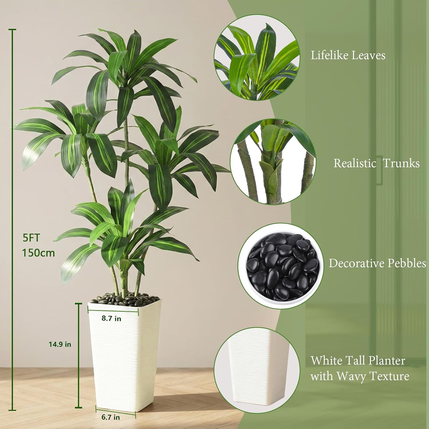 Artificial Dragon Tree Plants 150 cm Artificial Plants Large White Pot – Bild 2