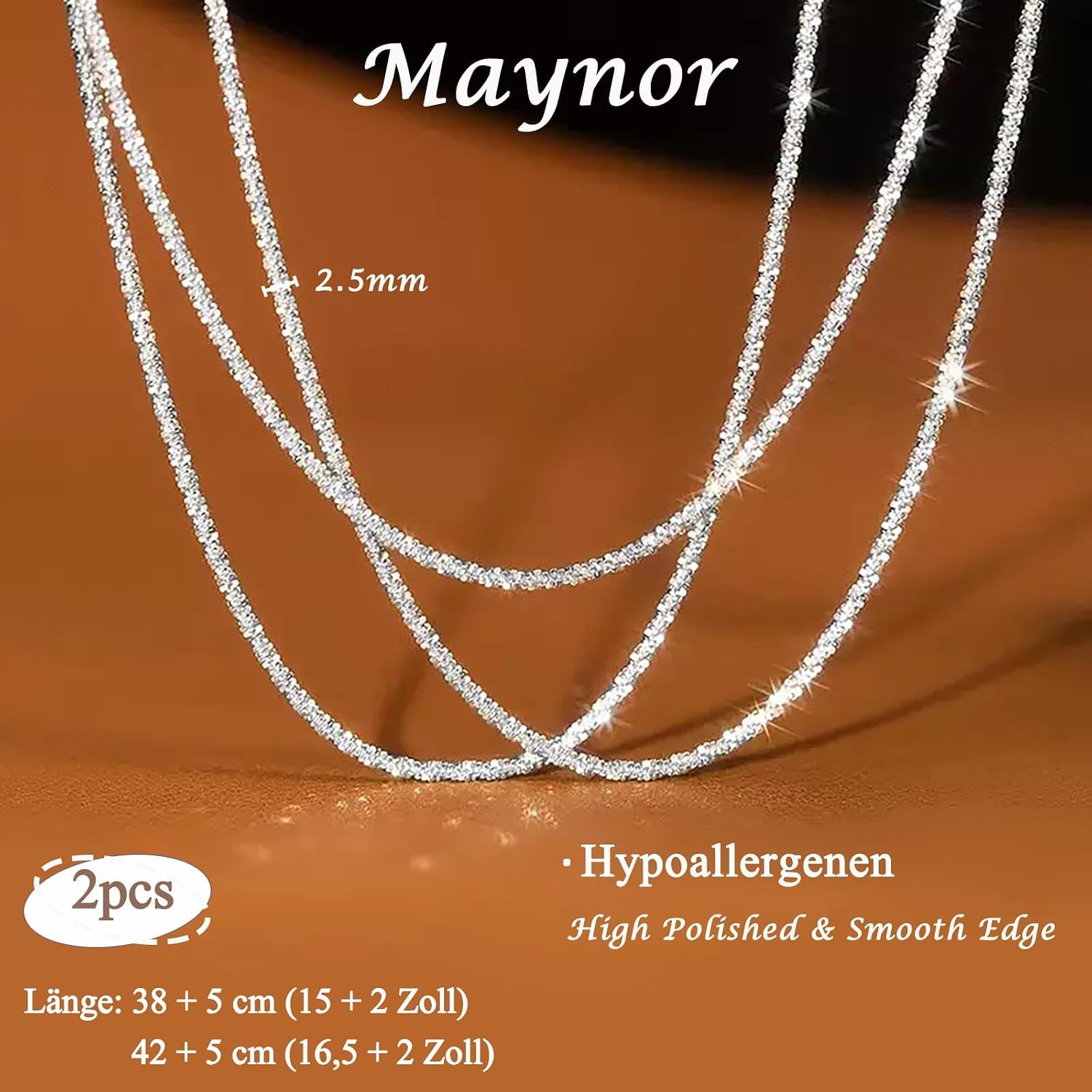 Maynor Women's 925 Silver Necklace without Pendant Sterling Silver for Stackable Hanging Pendant Chain Women Jewellery 38 cm / 42 cm Pack of 2 – Bild 4