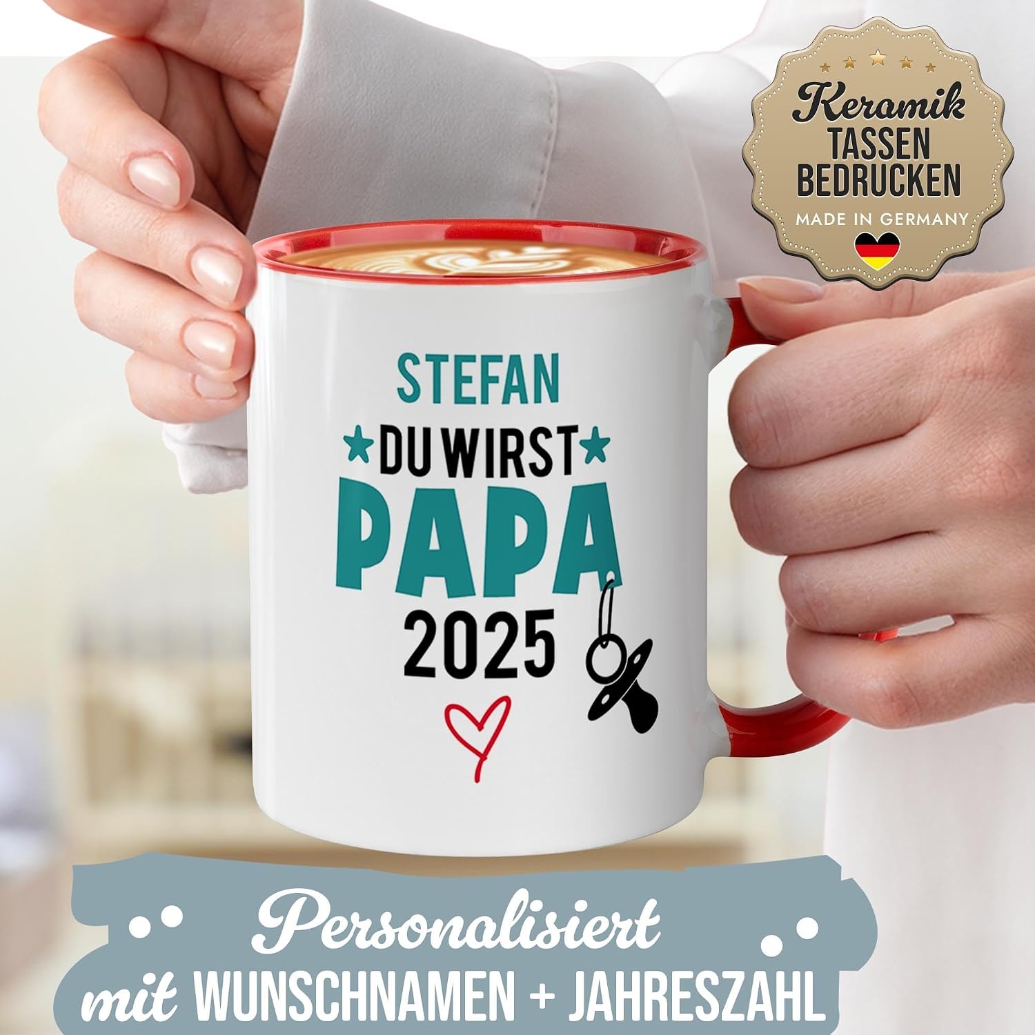 Tassendruck Baby-News Tasse mit Name & Jahr selbst gestalten - Du wirst Papa - Personalisiertes Geschenk zur Schwangerschaft für werdenden Vater - Keramiktasse, 300 ml, Innen & Henkel Rot – Bild 5