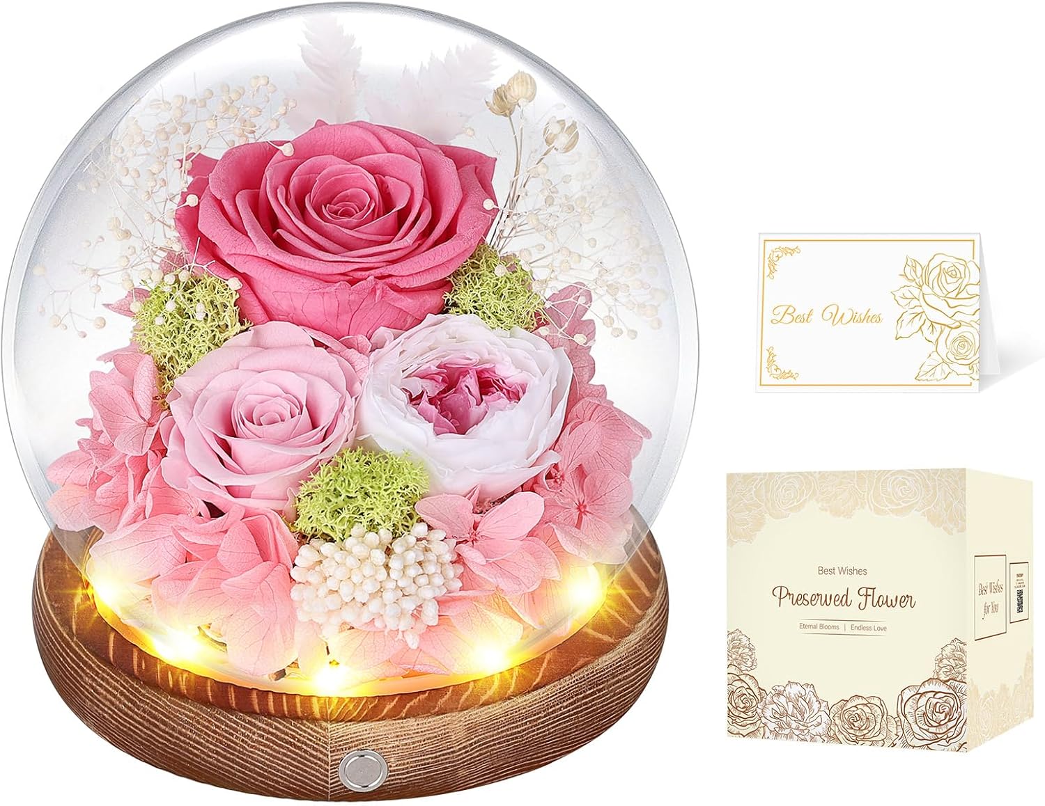 Eternal Rose in Glass Pink with LED Infinity Rose Real Flower for Women