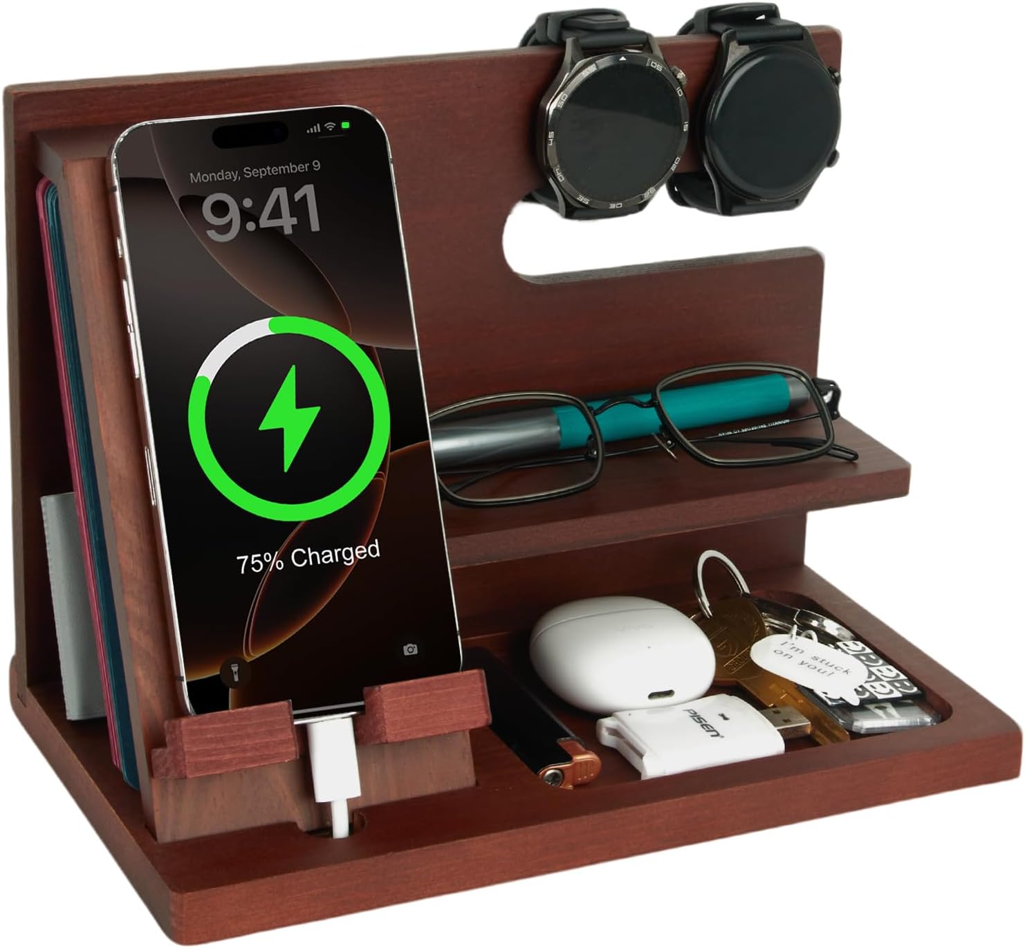 Gifts for Men Christmas Wooden Phone Docking Station Desk Organiser Father Gifts Anniversary Birthday Gifts for Him Christmas Gifts for Men Bedside Table Keys