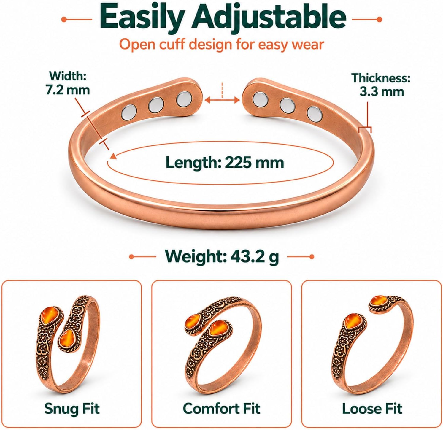 JEROOT Women's Pure Copper Magnetic Bracelet with 6 Powerful Magnets Vintage Flower Copper Bracelet with 2 Cat's Eye – Bild 3