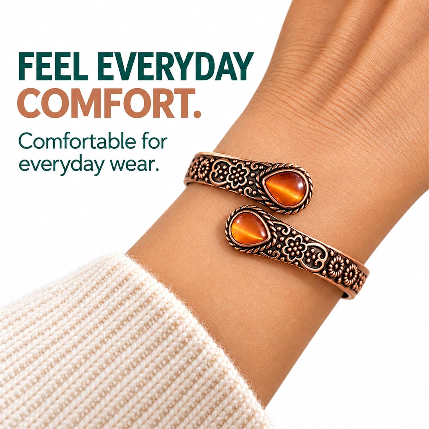 JEROOT Women's Pure Copper Magnetic Bracelet with 6 Powerful Magnets Vintage Flower Copper Bracelet with 2 Cat's Eye – Bild 7