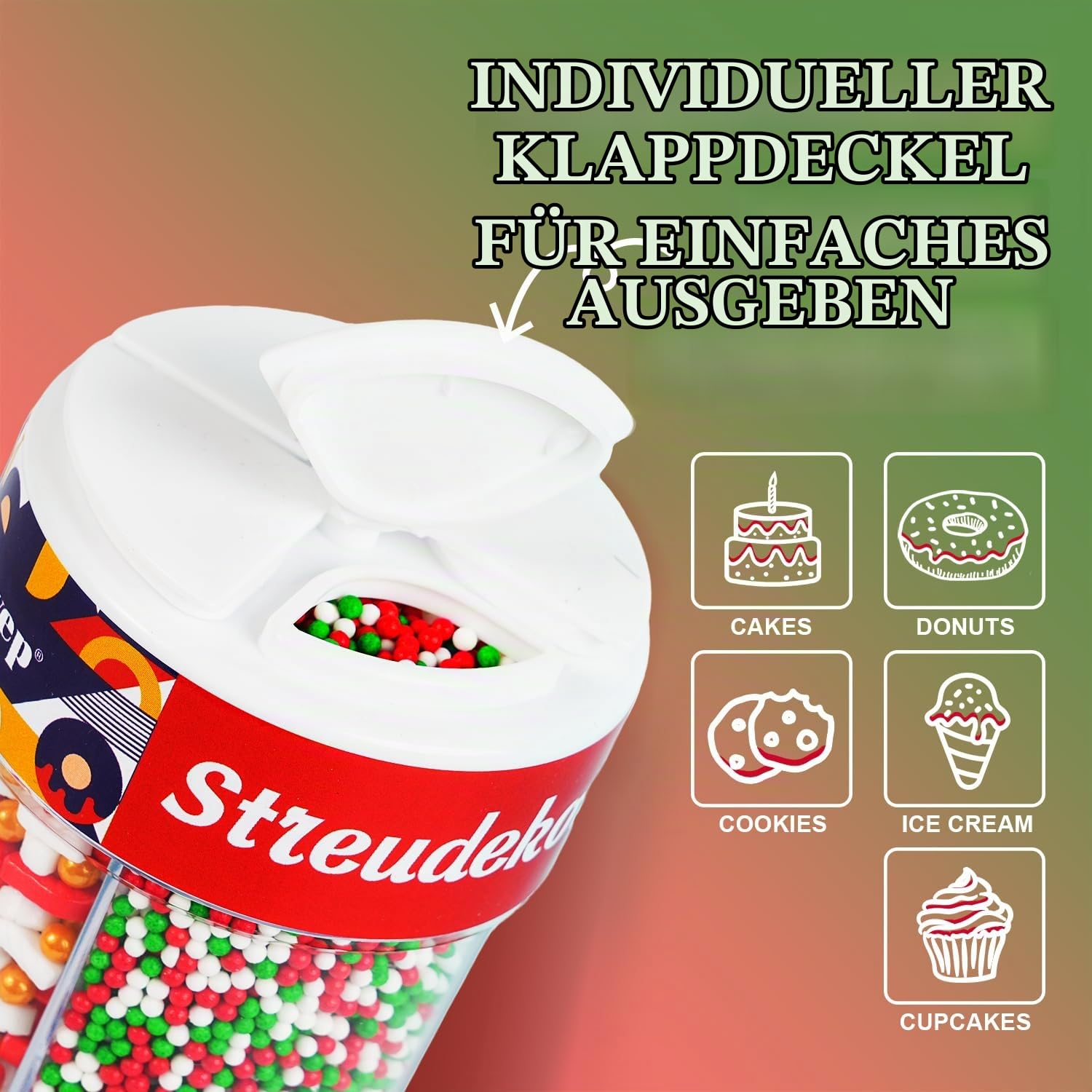 Christmas Cake Sprinkles 185 g - Edible Decoration Sweets with Holly Berries, Candy Canes & Snowflakes for Cookies, Cupcakes and Pastries - Red/White/Green Sugar – Bild 3