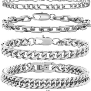 6 Pieces Silver Men's Bracelet Curb Chain, Men's Bracelets for Men Cuban Figaro, Cuban Men's Bracelet Jewellery Set, Jewellery Gifts for Dad, Boyfriend, Husband, Son, Length 22 cm
