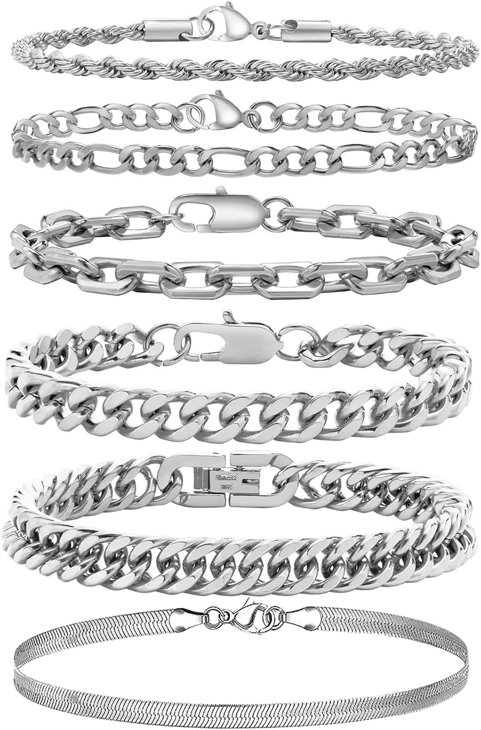 6 Pieces Silver Men's Bracelet Curb Chain, Men's Bracelets for Men Cuban Figaro, Cuban Men's Bracelet Jewellery Set, Jewellery Gifts for Dad, Boyfriend, Husband, Son, Length 22 cm