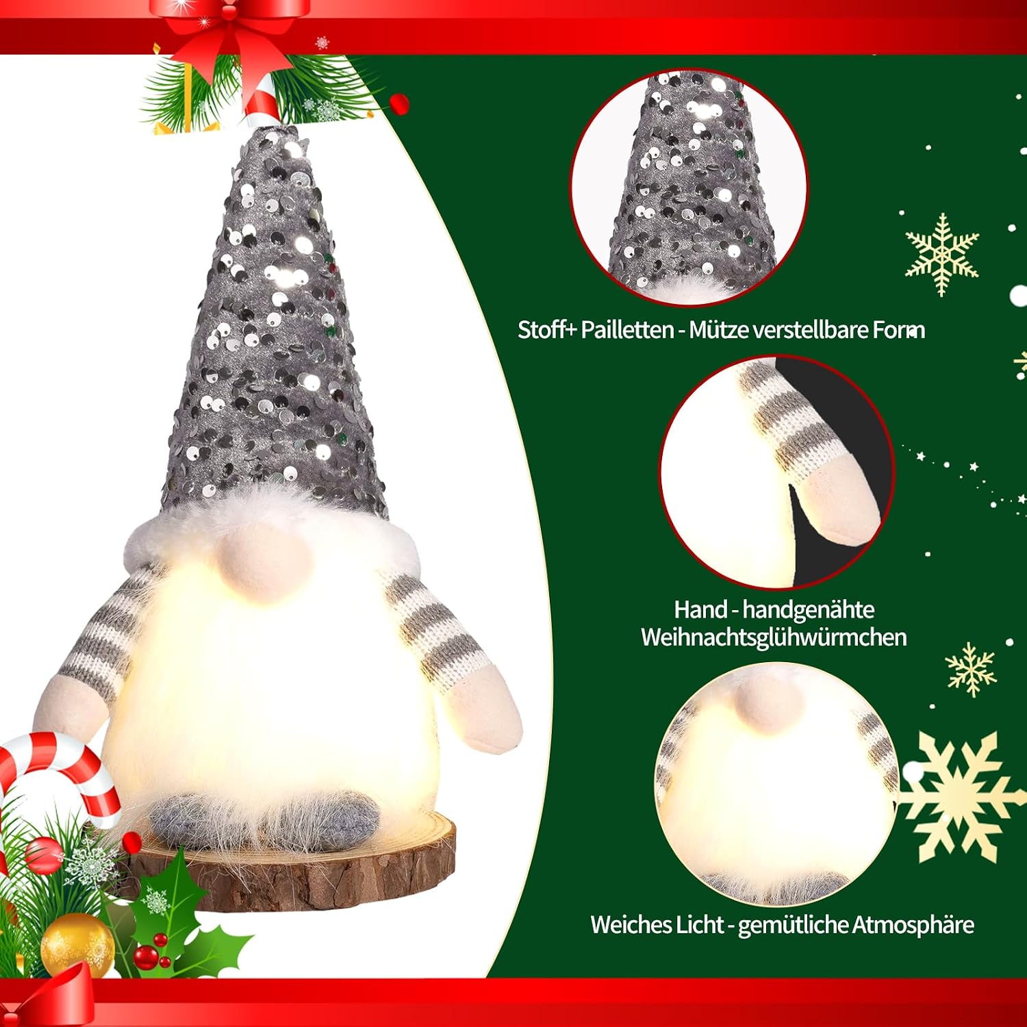 Christmas Decoration Gnome with Light, Pack of 3 - LED Christmas Gnome Figures Made of Plush - Luminous Decorative Gnome with Gift Box Set – Bild 4