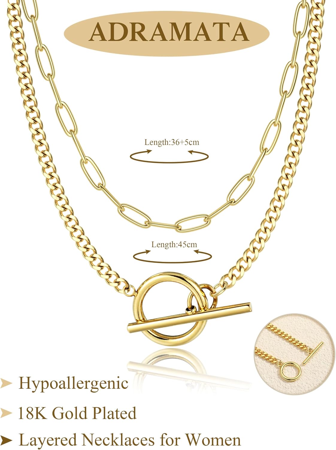 Adramata Necklace Women's Gold Stackable 14K Gold-Plated Chain Set Trendy Cuban Link Paper Clip Chain with Toggle Clasp Silver Chain Waterproof Jewellery – Bild 3