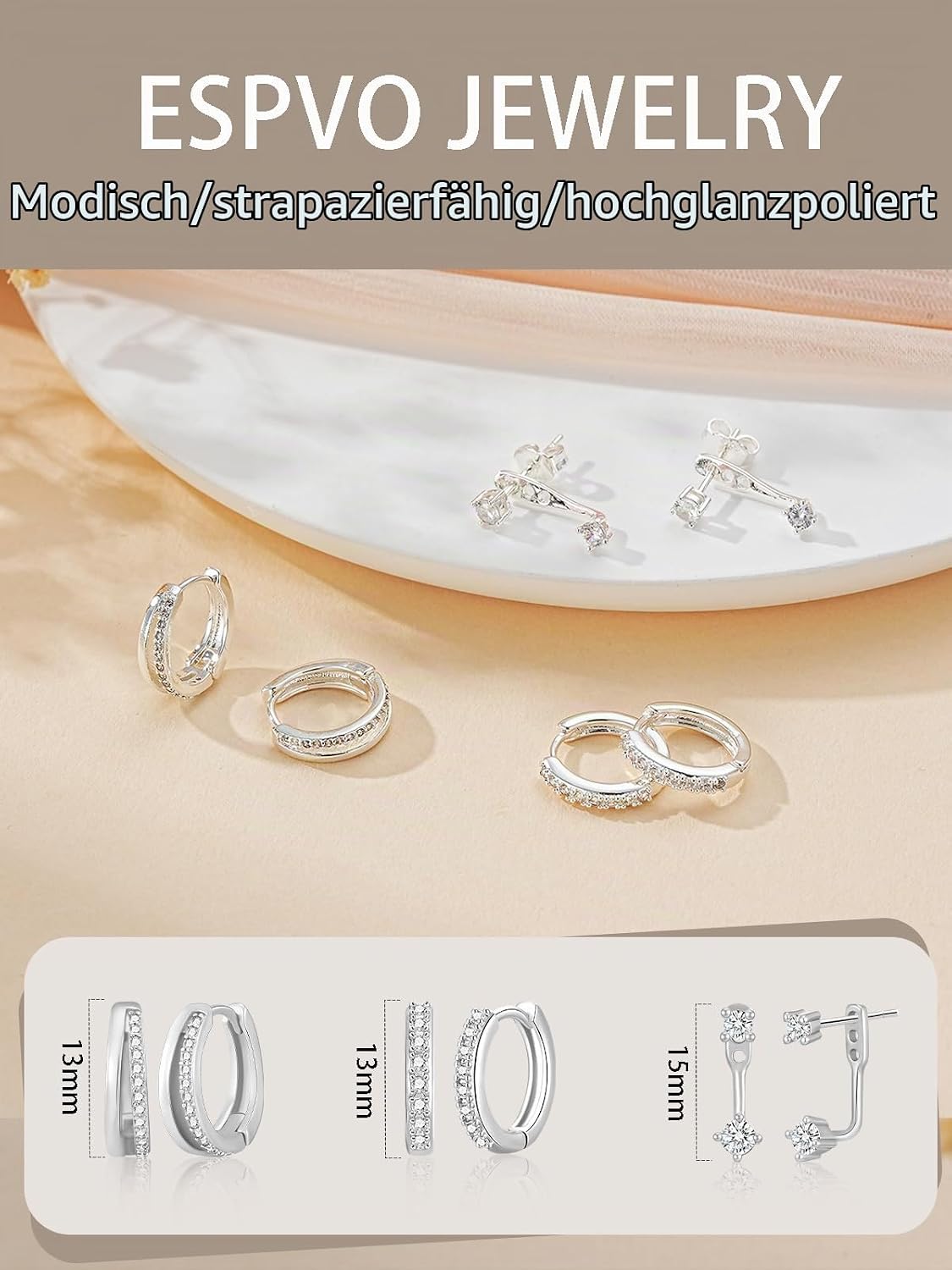 3 Pairs of Earrings Silver 925 Set for Women Hoop Earrings Hypoallergenic Earrings Small Zirconia Stud Earrings Silver Jewellery for Multiple Piercings – Bild 4