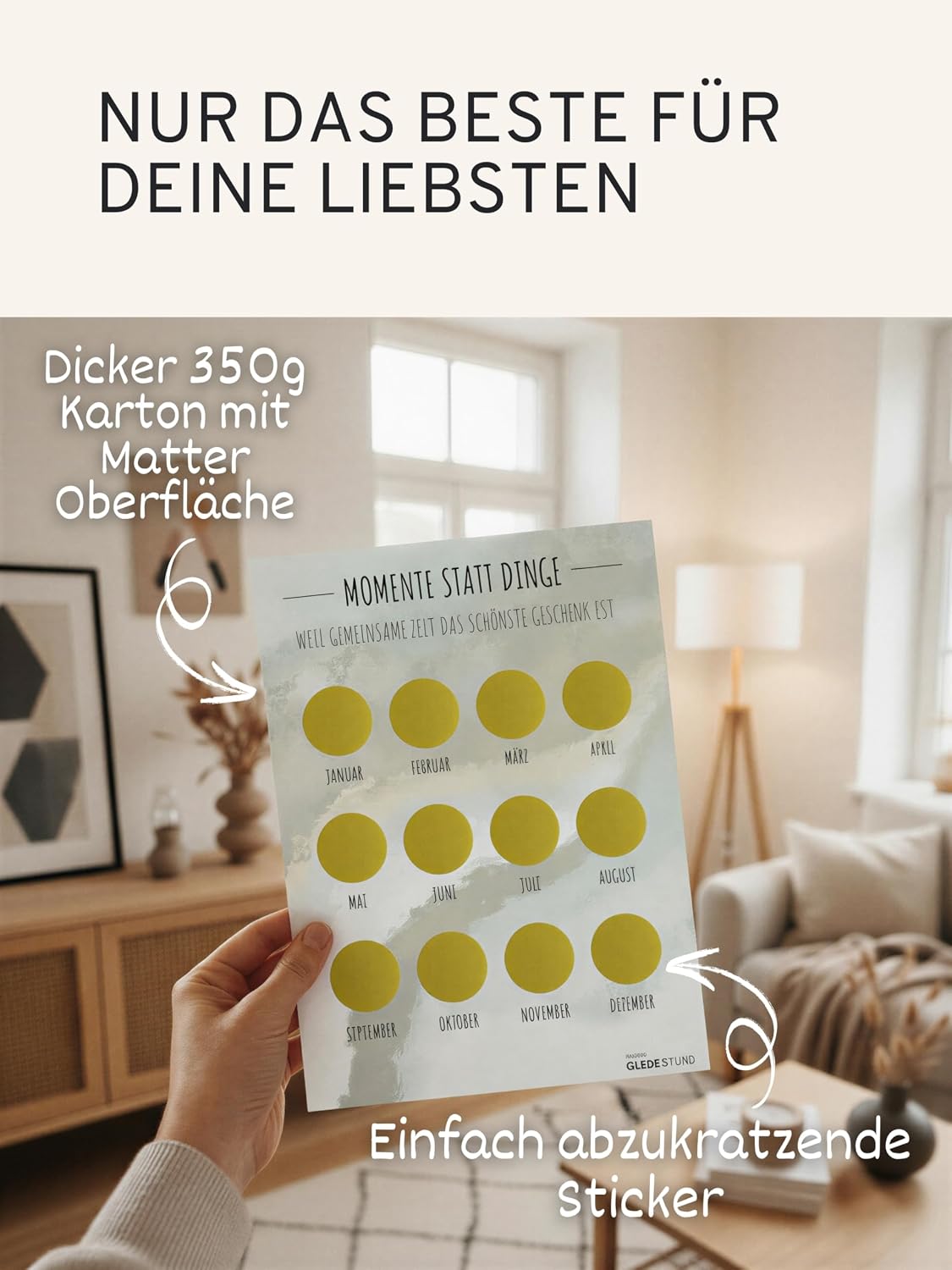 “Momente statt Dinge” Voucher Calendar, A4 with 12 Gold Scratch Stickers, “Time Instead of Stuff” Gift, Date Calendar for Couples & Friends, All Year Round, Personalised, Sage Grey – Bild 5