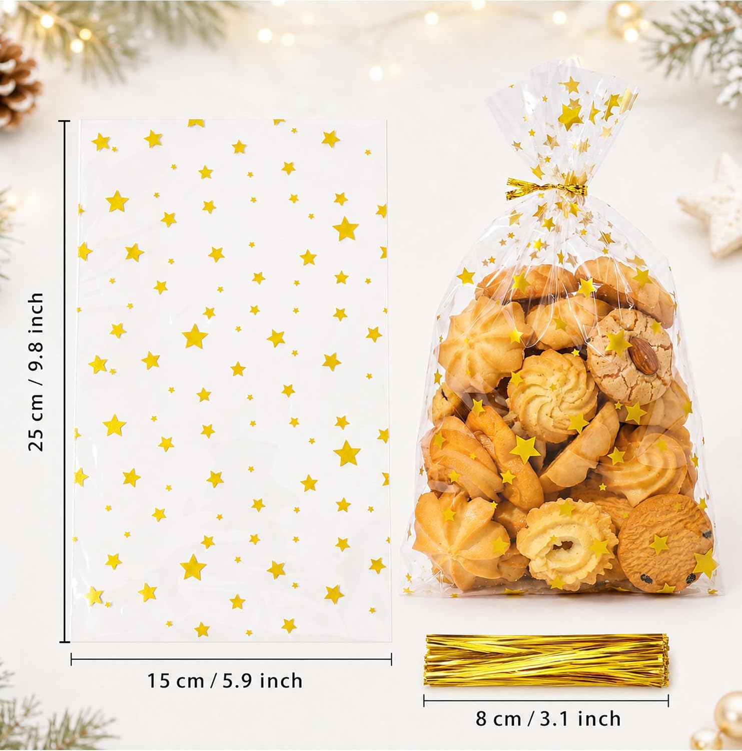 Pack of 100 Christmas Cookie Bags - Golden Star Biscuit Bags Christmas 15 x 25 cm | Cellophane Bags Transparent with Twist Ties, Christmas Bags for Filling for Biscuits, Sweets – Bild 2