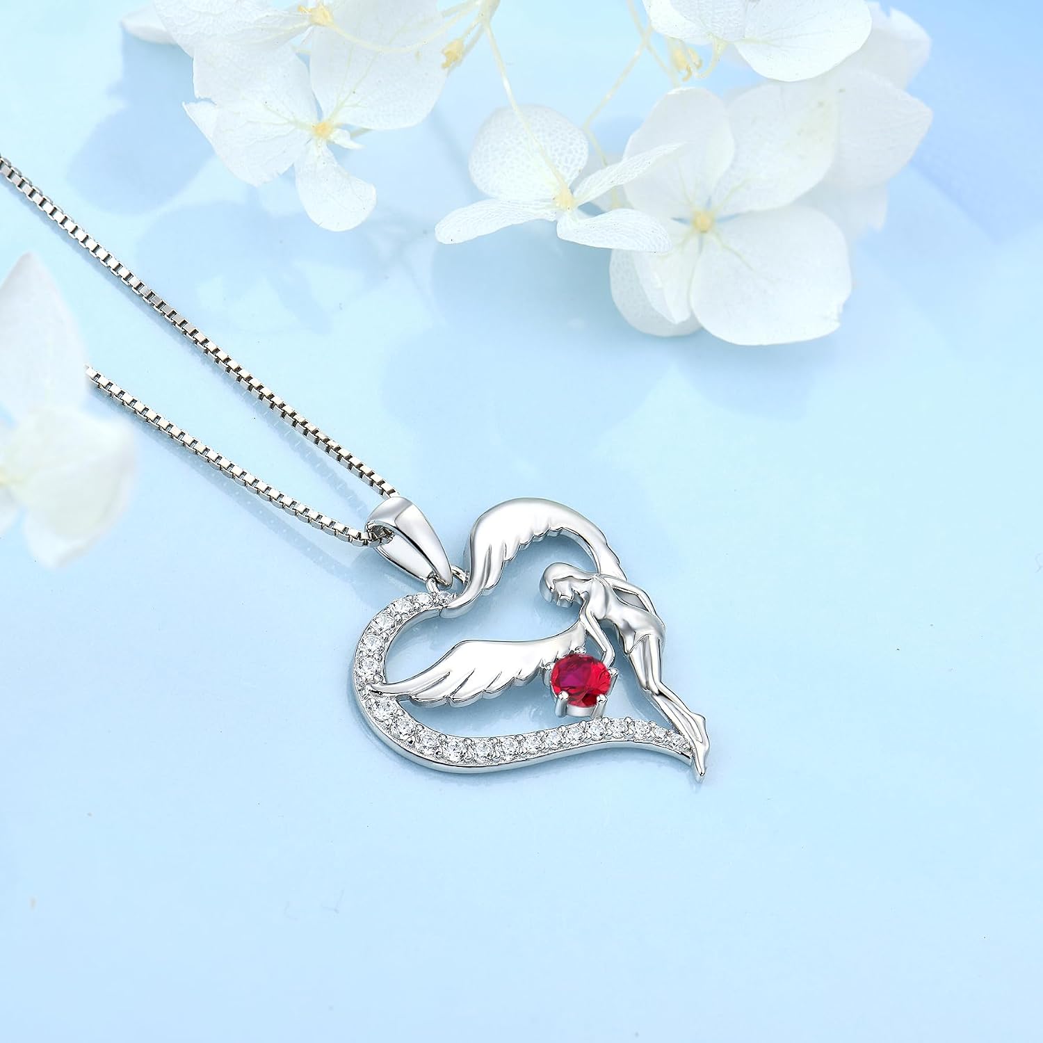FJ Heart Guardian Angel Necklace Women's 925 Sterling Silver Angel Wings Chain Pendant Birthstone Zirconia Necklace Jewellery Gifts for Women Girls – Bild 4