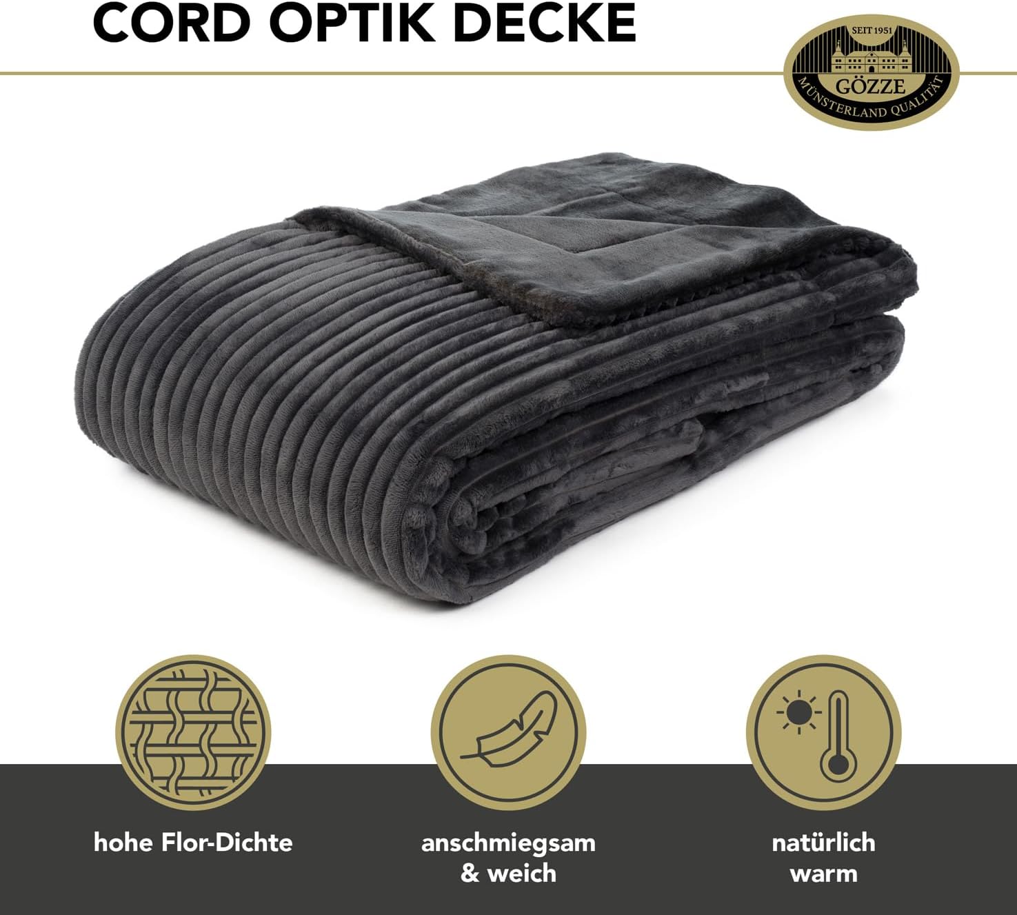 Gözze Blanket Corduroy Look, Polyester, charcoal, 57 x 38 x 15 cm – Bild 2