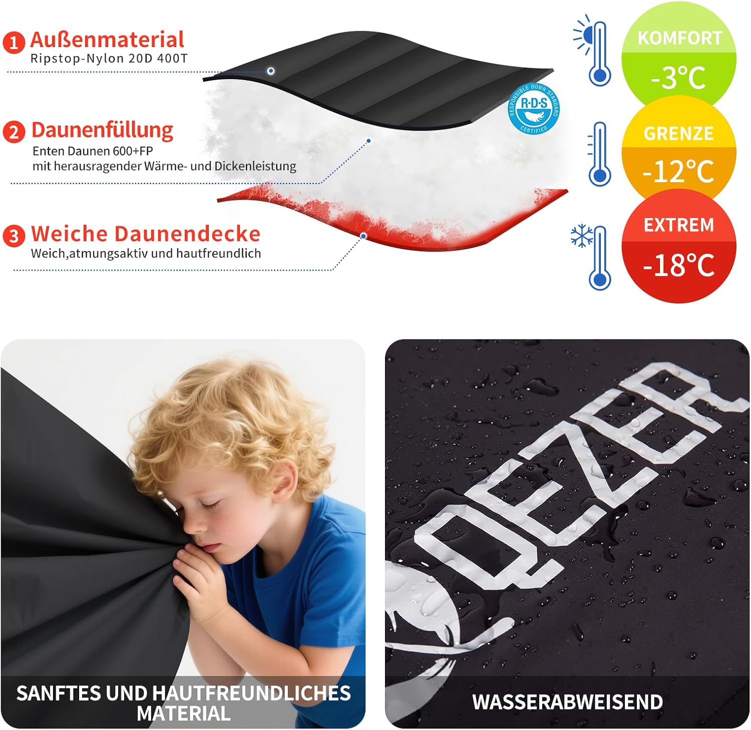 Down Sleeping Bag, Warm Lightweight Winter Sleeping Bag 0 °C to -23 °C for Adults and Children, 4 Seasons, Camping, Outdoor and Indoor – Bild 2