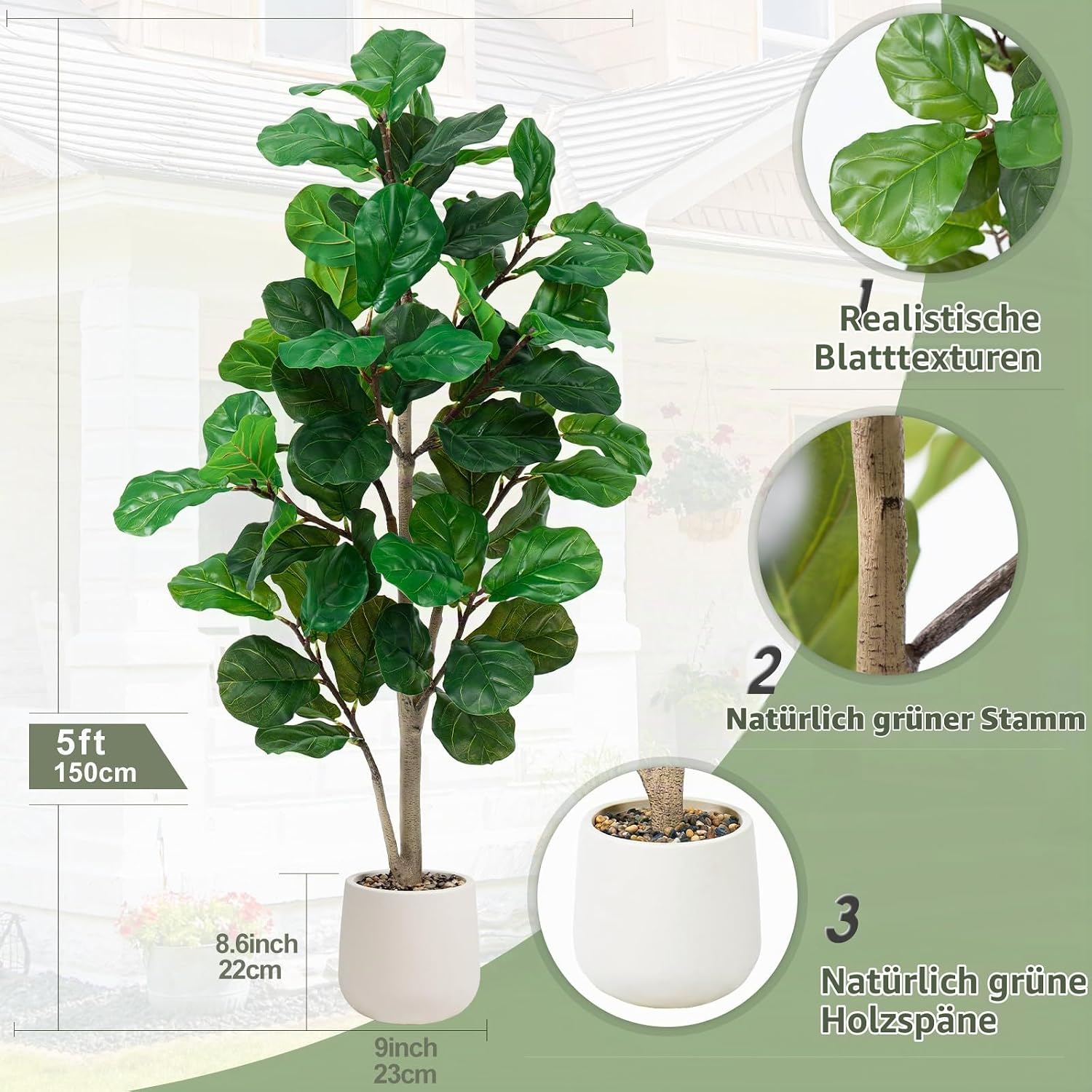 Artificial Plant Fiddle Ficus Tree 150 cm, Artificial Plants Large with White Pot and Decorative Pebbles, Artificial Plants Like Real for Decoration of Offices, Living Rooms and Bedrooms – Bild 2