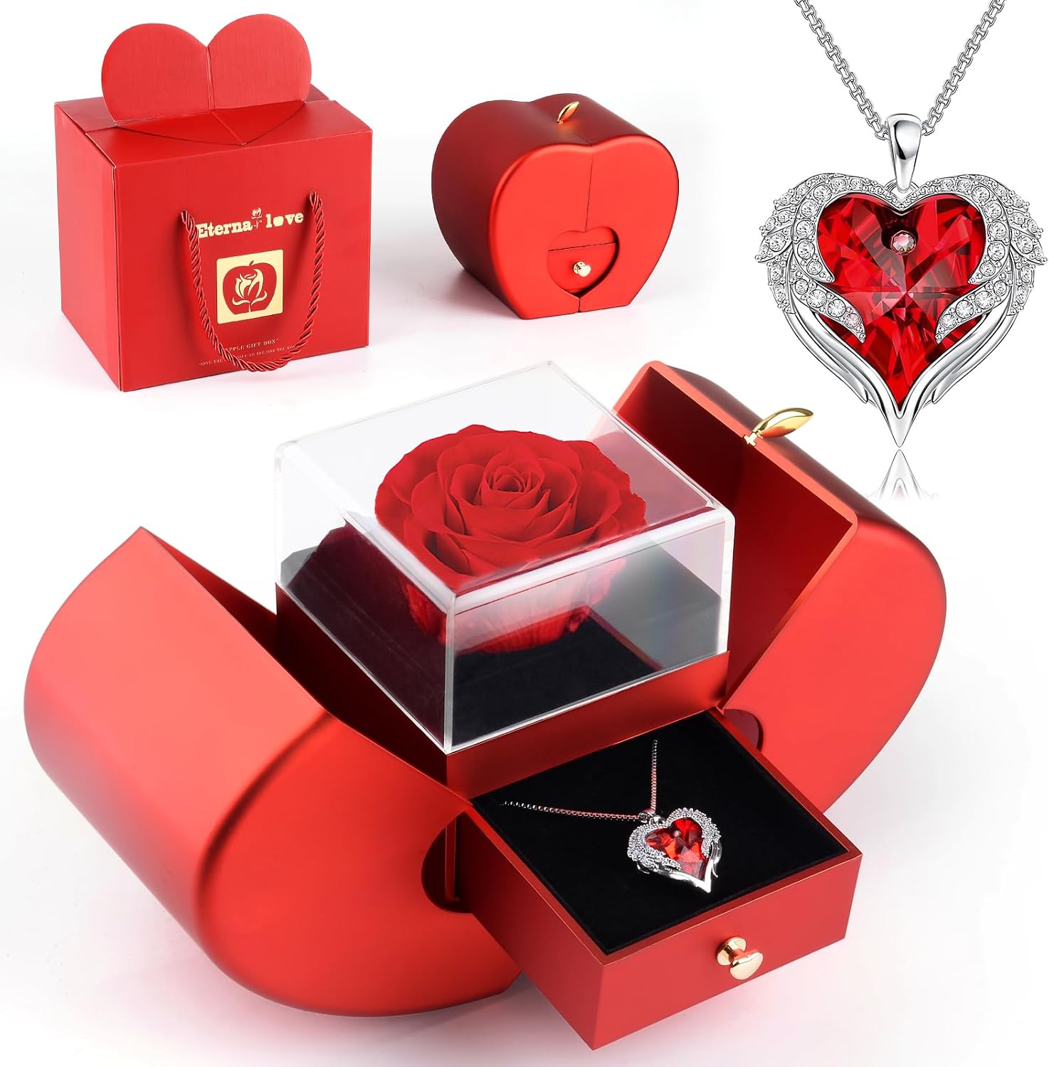 Real Eternal Rose with Necklace Jewellery Gift Box, Preserved Rose Flower Box, Women Mother's Day Gift for Mum Valentine's Day Wedding Anniversary Christmas Gift for Mother Wife Girlfriend Grandma