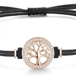 Jrêveinfini Tree of Life Bracelet Women's 925 Sterling Silver with 3A Cubic Zirconia, Handmade Braided Cord Bracelet, Adjustable 14 + 9 cm