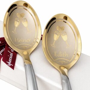 Personalised Partner Spoons Set of 2 with Doves and Name, Gold-Silver Design, Wedding Gift for Newlyweds, Romantic Love Gift with Engraving