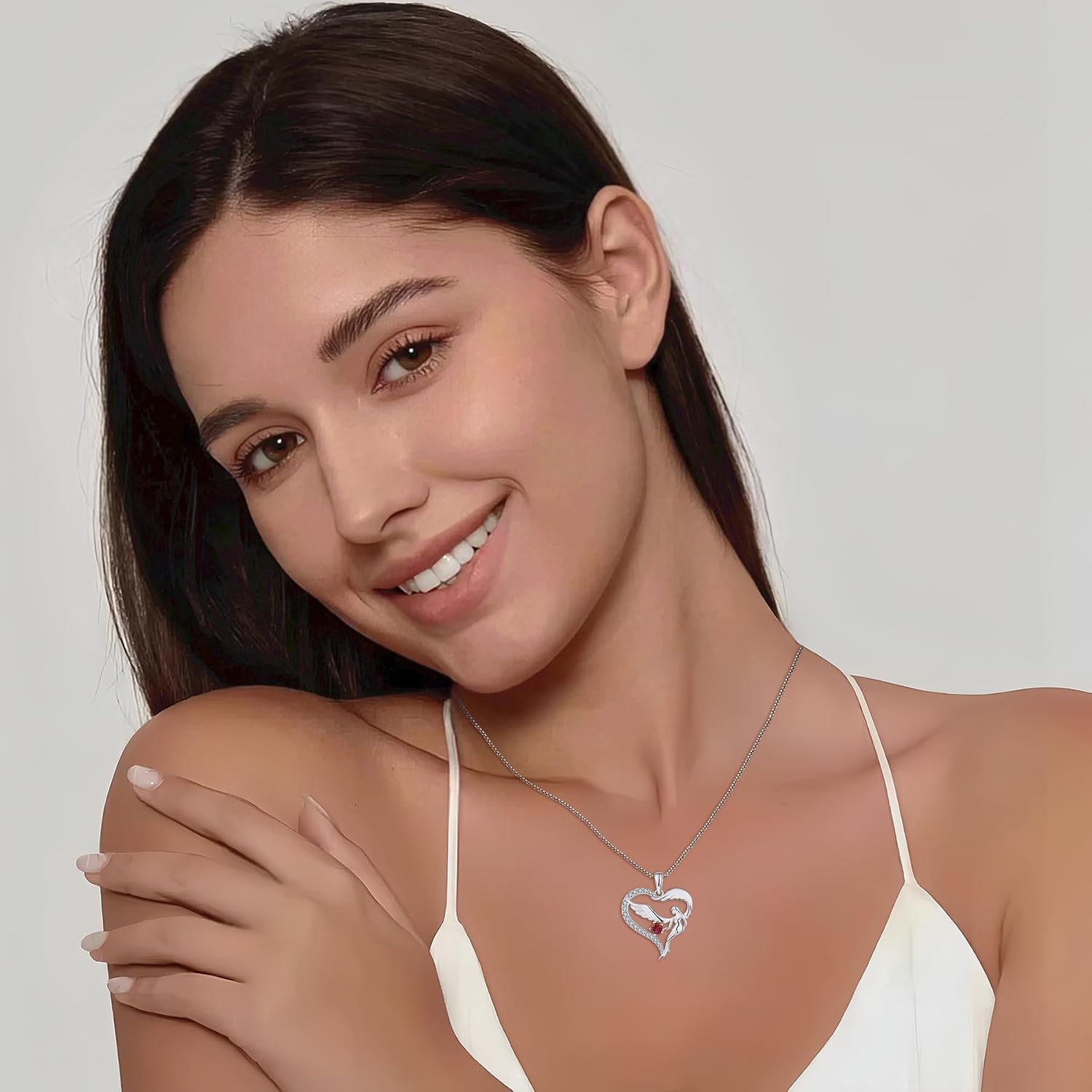 FJ Heart Guardian Angel Necklace Women's 925 Sterling Silver Angel Wings Chain Pendant Birthstone Zirconia Necklace Jewellery Gifts for Women Girls – Bild 2