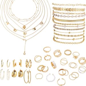 Jewellery Sets for Women, Jewellery, Gold Jewellery Set for Women with 6 Necklaces, 12 Bracelets Chains Set, 6 Golden Hoop Earrings, 22 Rings Gold Set, Fashion Jewellery Accessories for Gifts