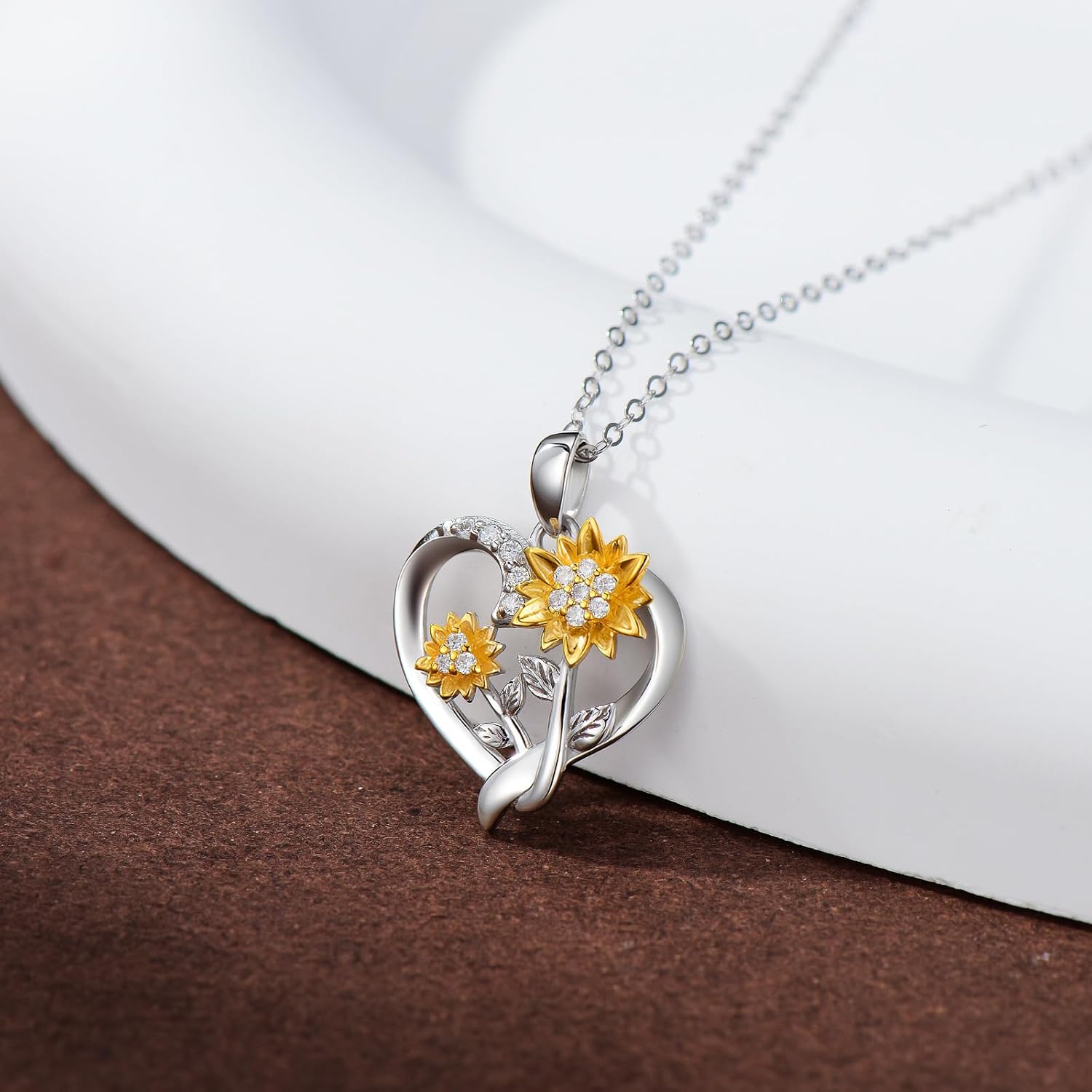 375/9K Real Gold Heart Necklace for Women, White/Yellow Gold Natural Diamonds Sunflower Pendant | You are my Sunshine, Elegant Jewellery, Anniversary, Birthday Gift for Wife Girlfriend – Bild 4