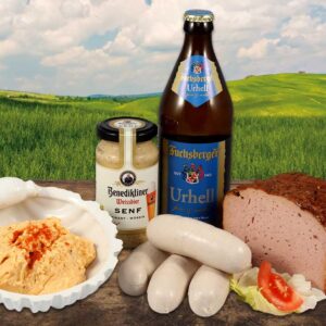 Landmetzger Schiessl 's Bavarian Bread Time Classic 1700 g Homemade Treats in Set: Liver Cheese + White Sausages "Munich Art" + Bavarian Cheese Preparation + White Beer Mustard + Bavarian Beer