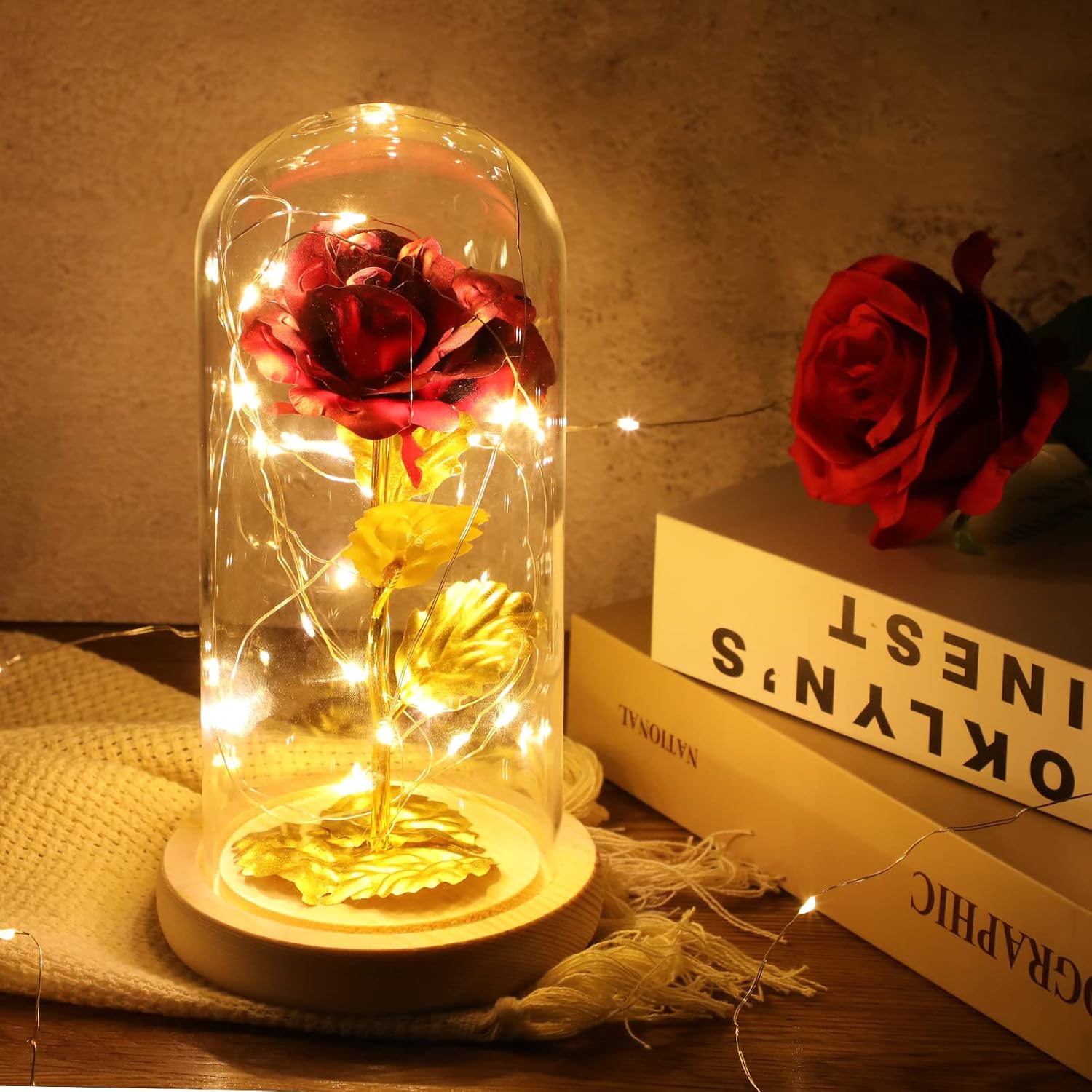 ADAZ Gifts for Women, Eternal Rose in Glass with LED Light, Mother's Day Gifts for Mum, Beauty and the Beast, Rose Gift for Girlfriend, Wife on Anniversary, Christmas, Valentine's Day