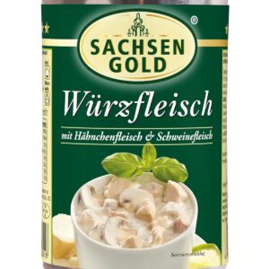 Sachsen Gold Seasoning Meat 400 g, Tender Kassel, Turkey & Veal in Creamy Sauce, Hearty Ready Meal in Recyclable Tin, Ideal for Storage and Quick Cooking