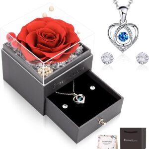 CSYY Eternal Rose, Gifts for Women Rose Beating Heart Necklace Earrings Handmade Preserved Roses Jewellery Gift Box Sister Wife on Mother’s Day