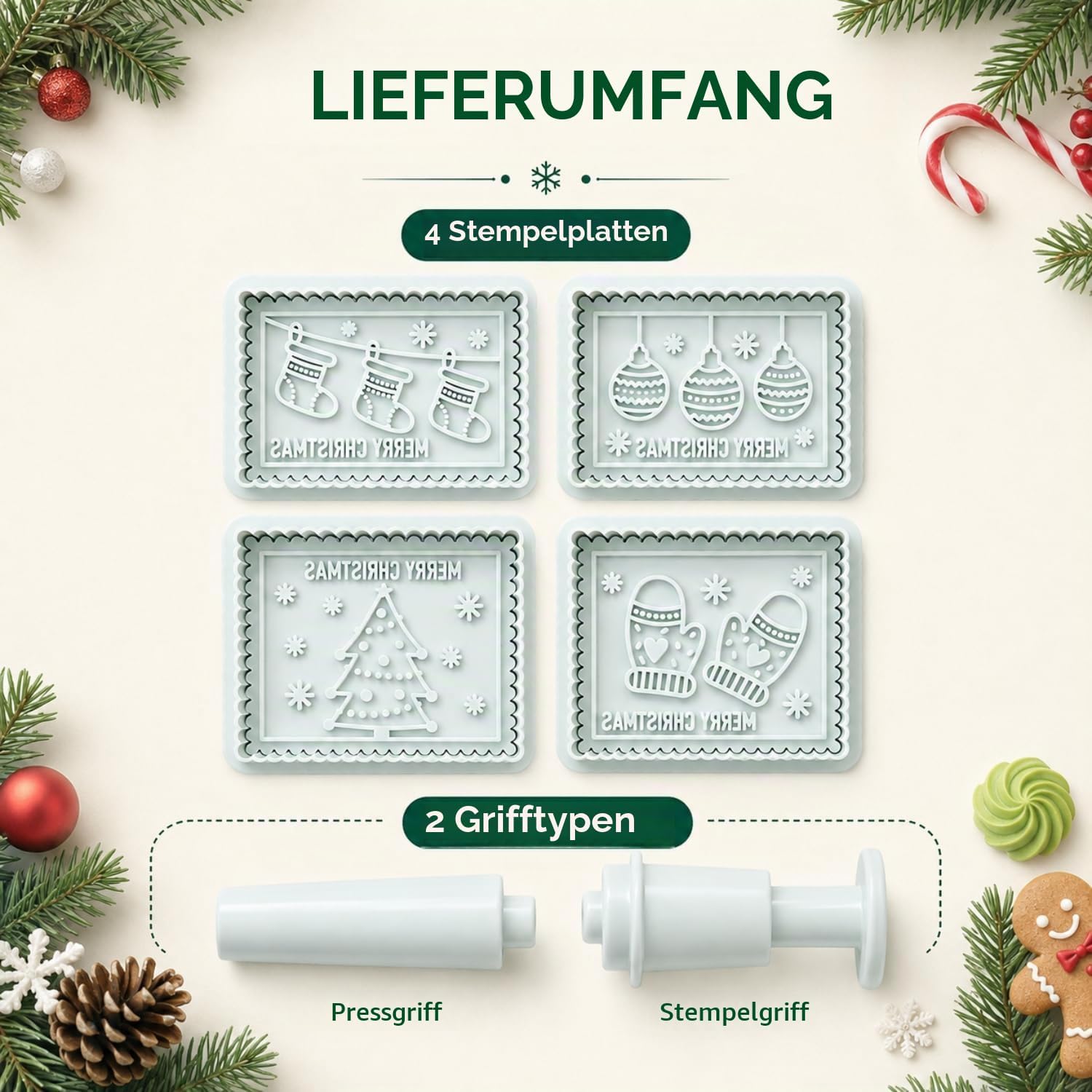 4 Piece 3D Merry Christmas Plastic Cookie Stamp Set – Bild 2