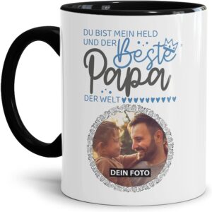 Tassendruck Mug for Dad with Photo Personalised – Dad My Hero – Personal Gift for Dad, Father Gift Idea | Personalised Gift, 300 ml, Inside and Handle Black