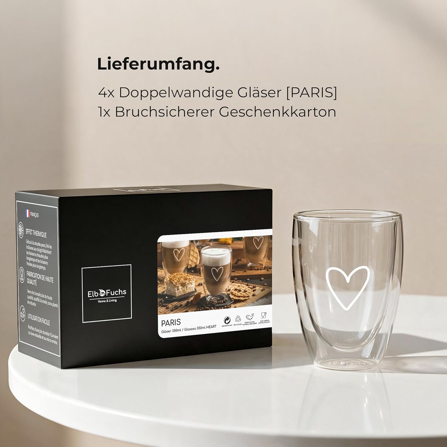 ElbFuchs® Latte Macchiato Glasses Double-Walled, 4 x 350 ml, Gift Idea with HEART, Crystal Clear Thermal Glasses Double-Walled, Ideal as Cappuccino Glasses, Coffee Glasses, Tea Glasses – Bild 6
