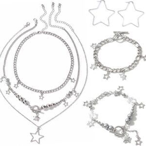 5 Pieces Silver Star Necklace, Women’s Stud Earrings Necklace, Y2K Jewellery Set, Kawaii Cute Necklaces, Aesthetic Vintage Emo Jewellery