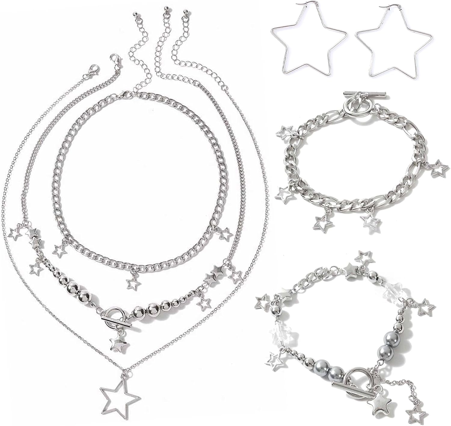 5 Pieces Silver Star Necklace, Women's Stud Earrings Necklace, Y2K Jewellery Set, Kawaii Cute Necklaces, Aesthetic Vintage Emo Jewellery