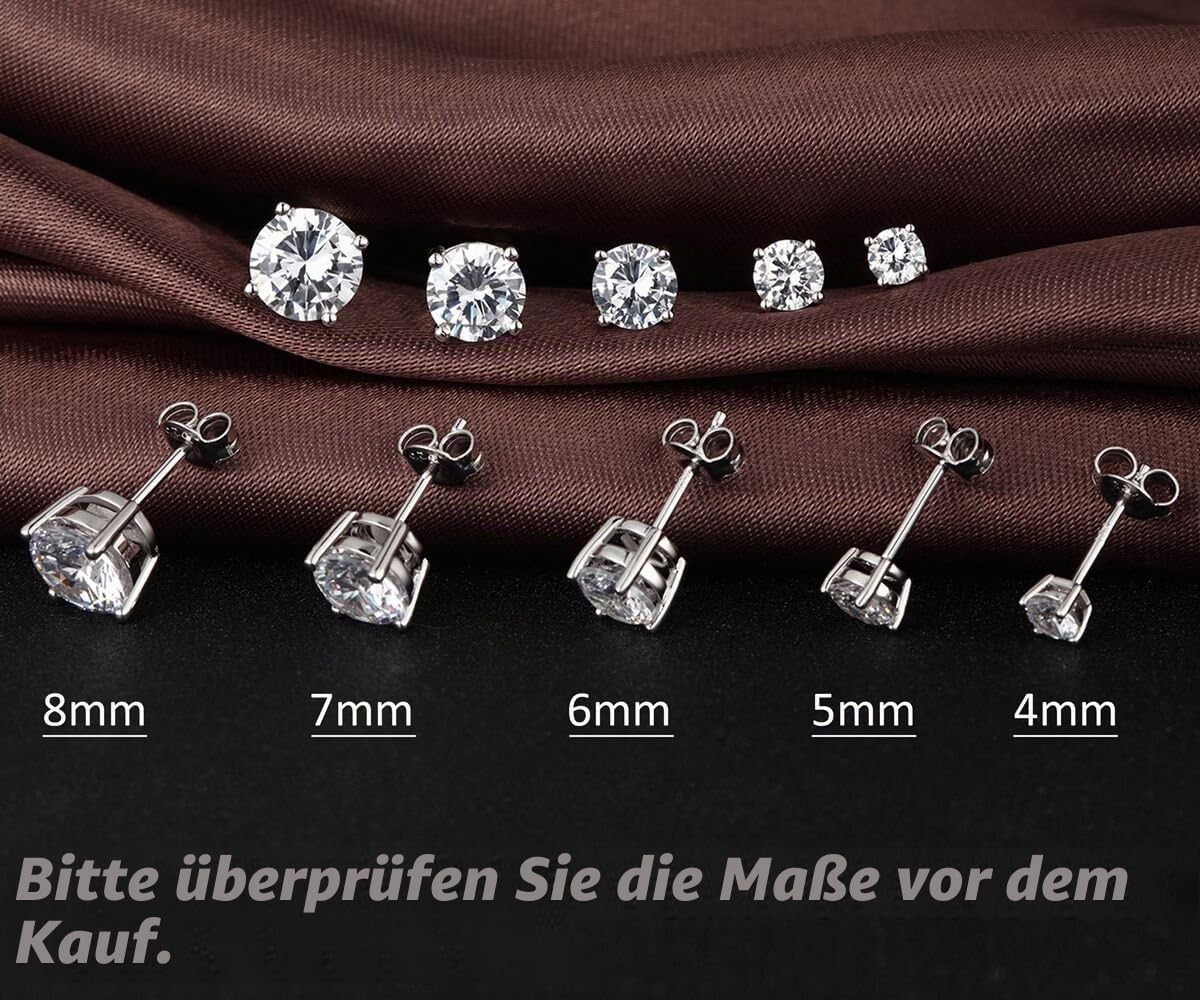 18 Carat White Gold Plated Simulated Diamond, Round Cubic Zirconia Stud Earrings, 925 Sterling Silver, 4 mm, 8 mm, Fine Silver, Black, Gold Jewellery for Men and Women – Bild 6