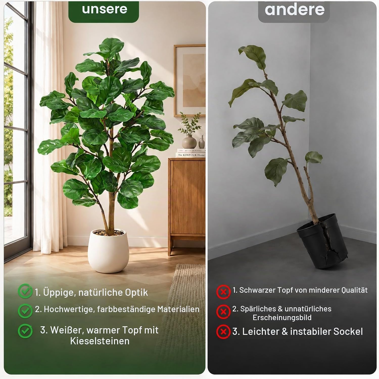 Artificial Plant Fiddle Ficus Tree 150 cm, Artificial Plants Large with White Pot and Decorative Pebbles, Artificial Plants Like Real for Decoration of Offices, Living Rooms and Bedrooms – Bild 5