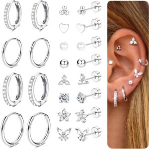 CASSIECA 12 Pairs of Earrings Gold Silver Set, 316L Surgical Steel Earrings for Women Men Medical Stud Earrings and Hoop Earrings for Multiple Piercing 14K Gold-Plated Helix Tragus Piercing Ear Gold