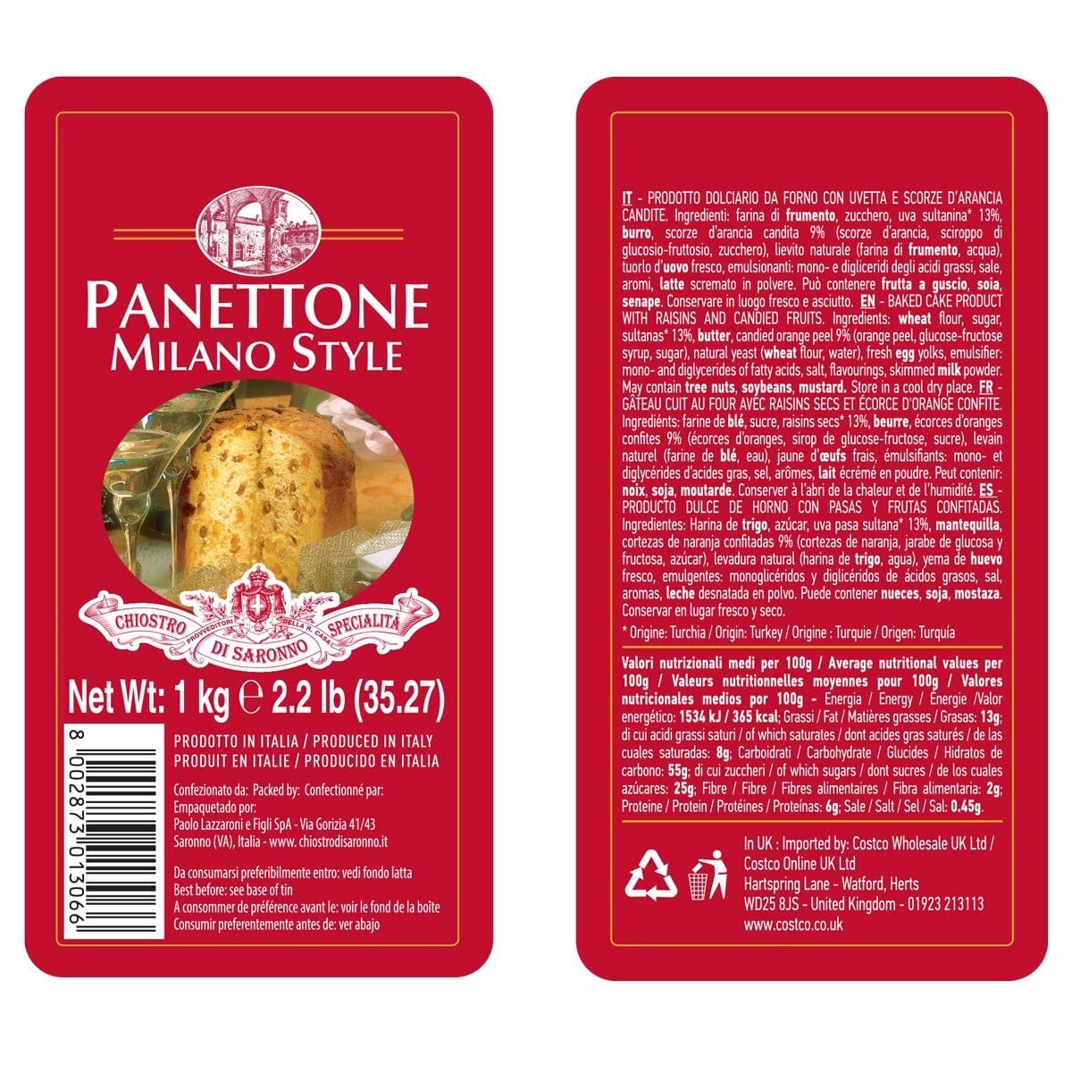 Lazzaroni Chiostro Di Saronno Italian Milano Panettone - 1kg – Bild 3
