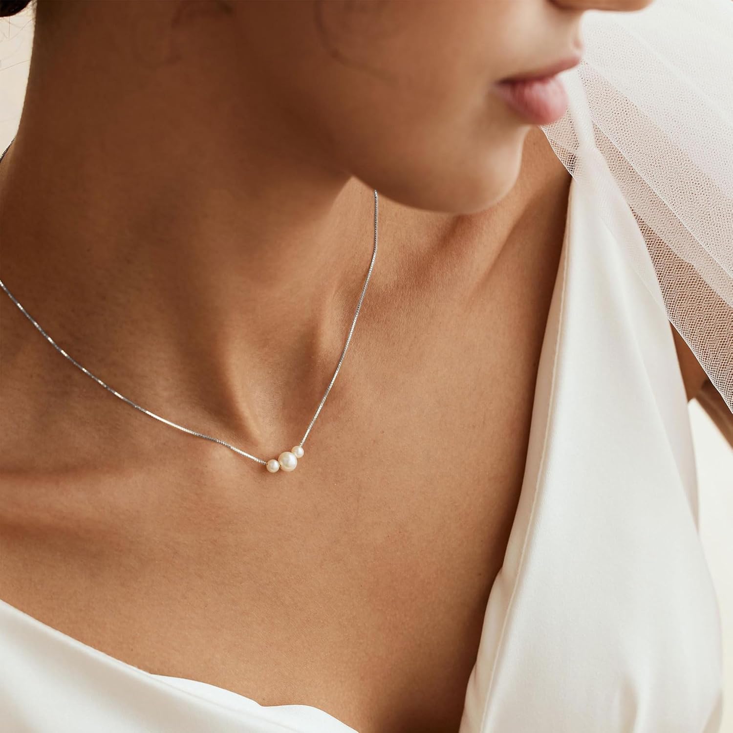 Women's Pearl Necklace, Waterproof 18 K Gold/Silver Gold-Plated Pearl Necklace and Pearl Earrings Set with Pearl Bracelet, Adjustable Bridal Jewellery, Gold Necklace for Women, Ladies Jewellery – Bild 4