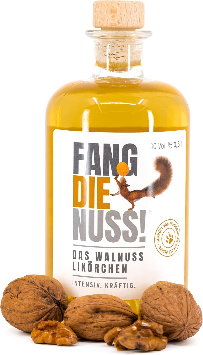 Fang die Nuss! Premium Walnut Liqueur Intensive Strong 30% Vol. Alcohol Tested by Squirrels from the Region Walnut Brandy 0.5 L Enjoy and Do Good