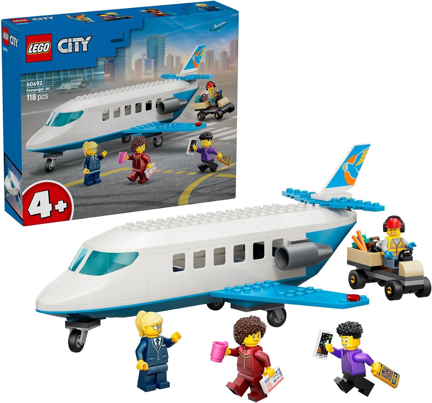 LEGO City Passenger Jet Toy, Aeroplane Model Kit with 4 Mini Figures and Travel Accessories, Educational Toy, Birthday Gift for Boys from 4 Years, 60492