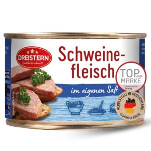 DREISTERN Pork in Own Juice, 400 g, with Pork Rash, Hearty Specialty in Recyclable Canning Tin, Long Shelf Life Thanks to Natural Preservation, Homemaker Quality