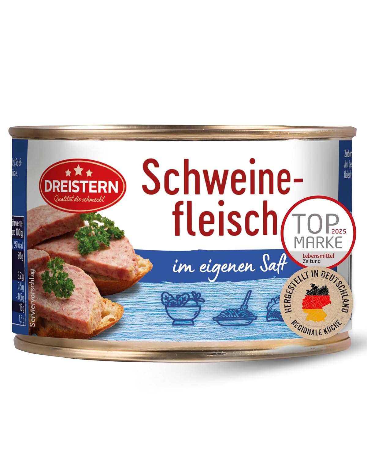 DREISTERN Pork in Own Juice, 400 g, with Pork Rash, Hearty Specialty in Recyclable Canning Tin, Long Shelf Life Thanks to Natural Preservation, Homemaker Quality