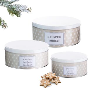 Brandsseller Set of 3 Metal Cookie Tins - Stackable Round Biscuit Tins with Lids - Food-Safe Storage Tins for Pastries, Biscuits & Christmas Cookies - Stars Grey