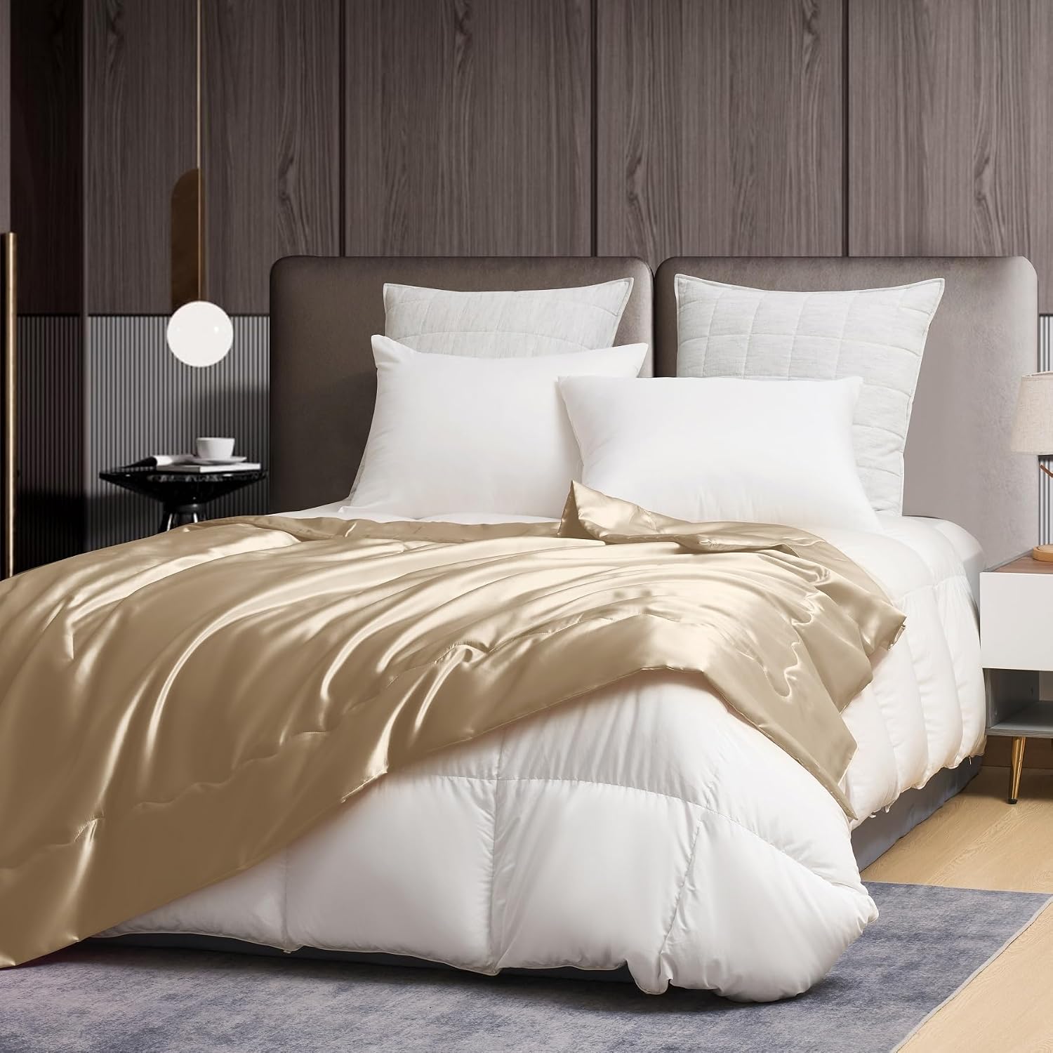 Satin Blanket 220 x 240 cm Beige Sofa Blanket Cooling Silky Silk Summer Blanket Lightweight Soft Luxury Smooth Shiny Satin Bedspread Cuddly Blanket for Bed Sofa Couch Bedroom Office Travel – Bild 8